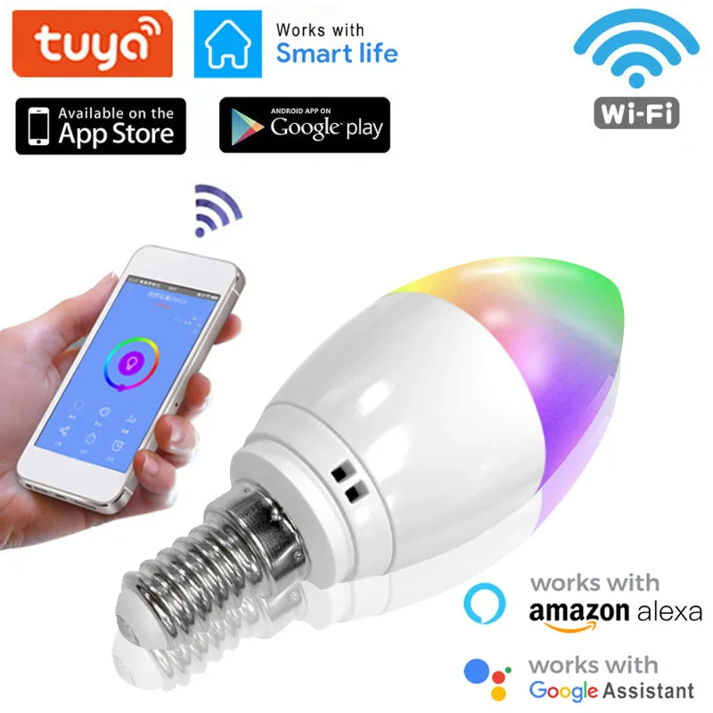 

Умные лампы Tuya Smart Life с Wi-Fi, светодиодсветильник лампа с дистанционным управлением через приложение E14 RGB + C + W и функцией голосового управлен...