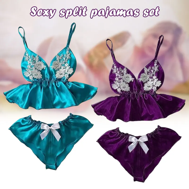 

Women's Sleepwear 2pcs Floral Design Satin Cami Pajama Set Mesh Nightgown Lingerie Set H9