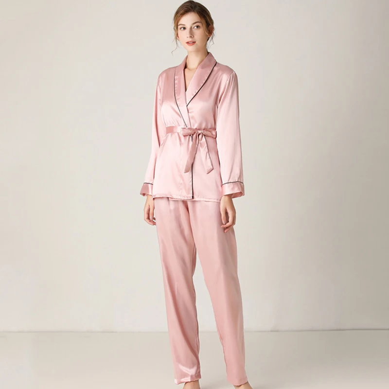 Female Pajamas Ladies Silk Long-Sleeved Trousers Lapel High-End Sleepwear Suit Solid Color Lace Nighties Ethika Women Set 2PCS images - 6