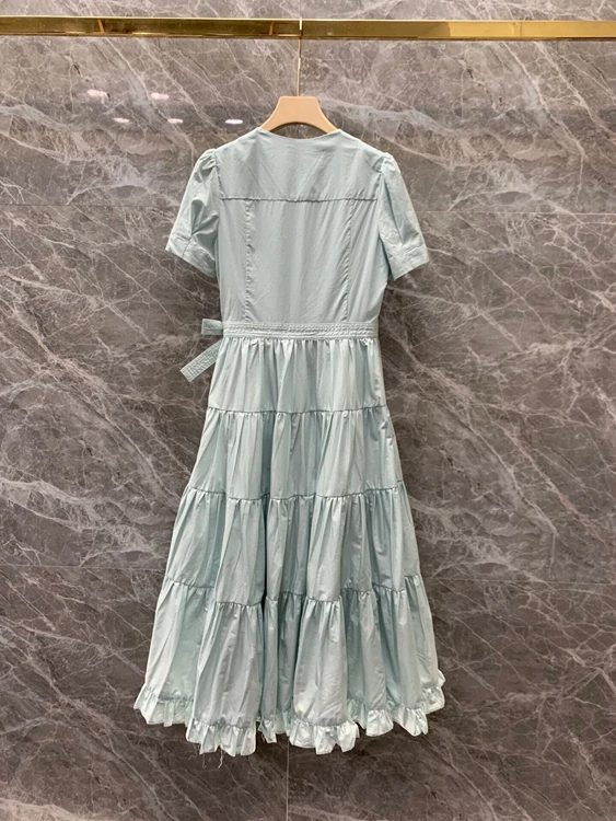 

2021 spring and summer new women's round neck side knot decoration short sleeve solid dress 309