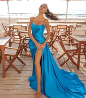 sevintage royal blue satin mermaid prom dresses high side split spaghetti strap pleats evening gowns saudi arabic party dress