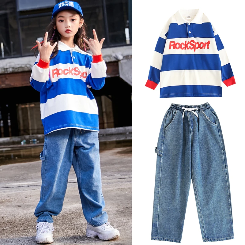 

Children Hip Hop Dance Costumes Girls Jazz Modern Dancing Performance Wear Blue Striped Sweater Jeans Ballroom Clothing DQS3495