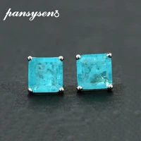 pansysen 7mm square paraiba tourmaline emerald stud earrings for women 100 solid 925 sterling silver party fashion fine jewelry