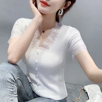 summer womens knitting lace stitching t shirts 2021short sleeves solid color v neck women t shirt tops