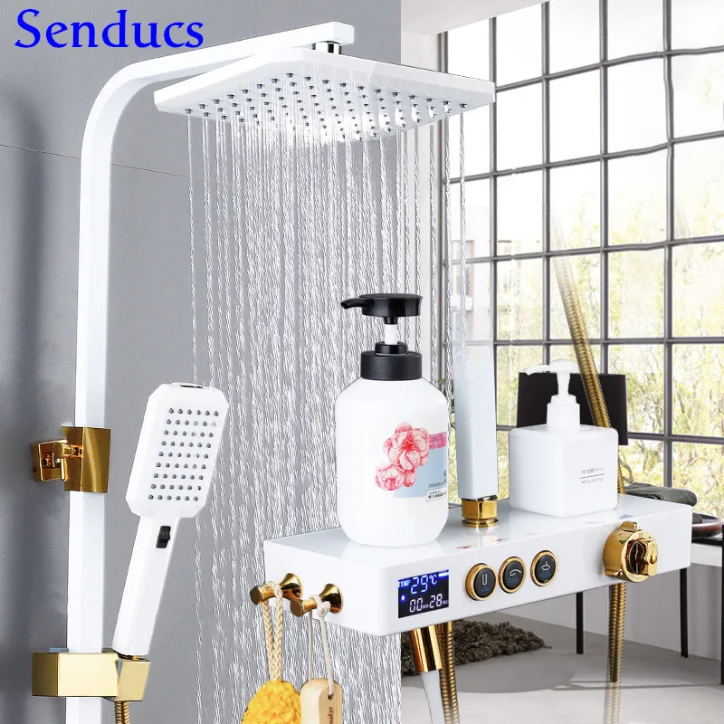 

Gold Shower Set Senducs Quality Brass Bathroom Shower System Rainfall Thermostatic Black Shower Set Digital Shower Sprayer