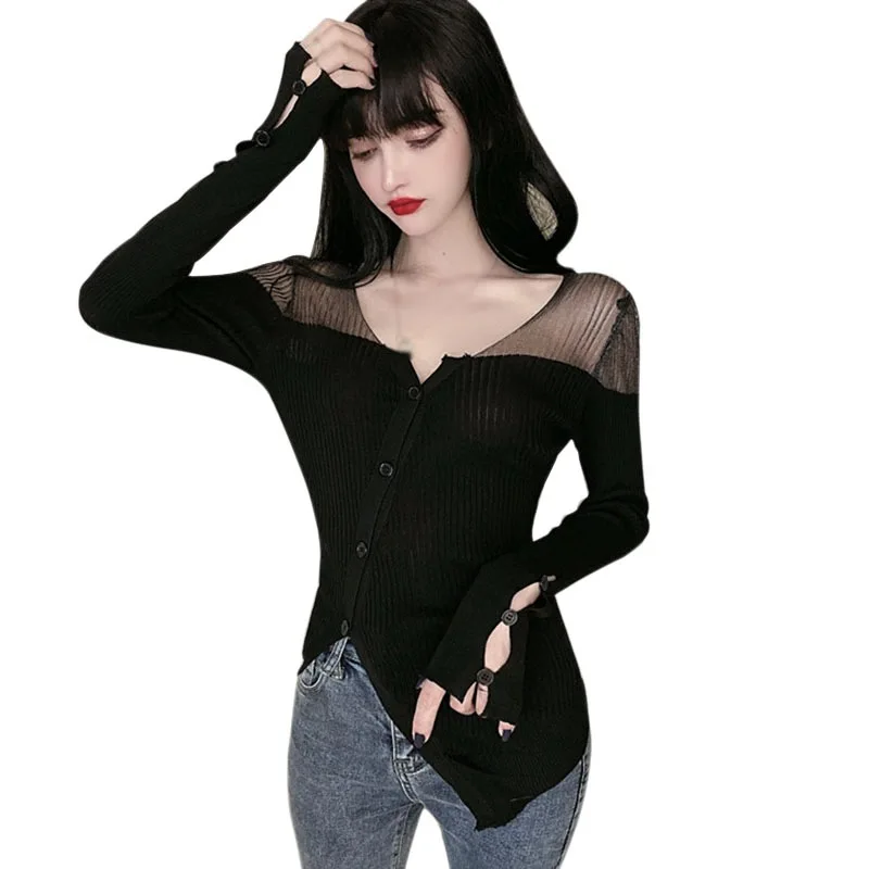 

Sexy Slim V-neck Cardigan Women Spring Ladies Lightweight Mesh Stitching Knit Sweaters Cardigan For Women