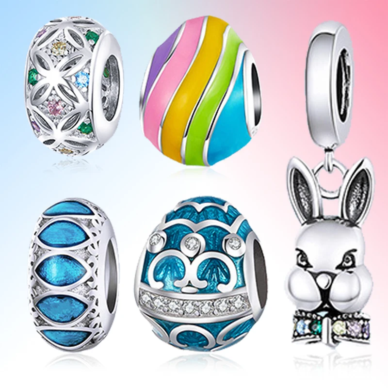 

925 шарма стерлингового серебра пасхальное серии Mr. с брошью в виде кролика эмалью яйцо CZ бусины для оригинальный ПАН браслет для девушек, сде...