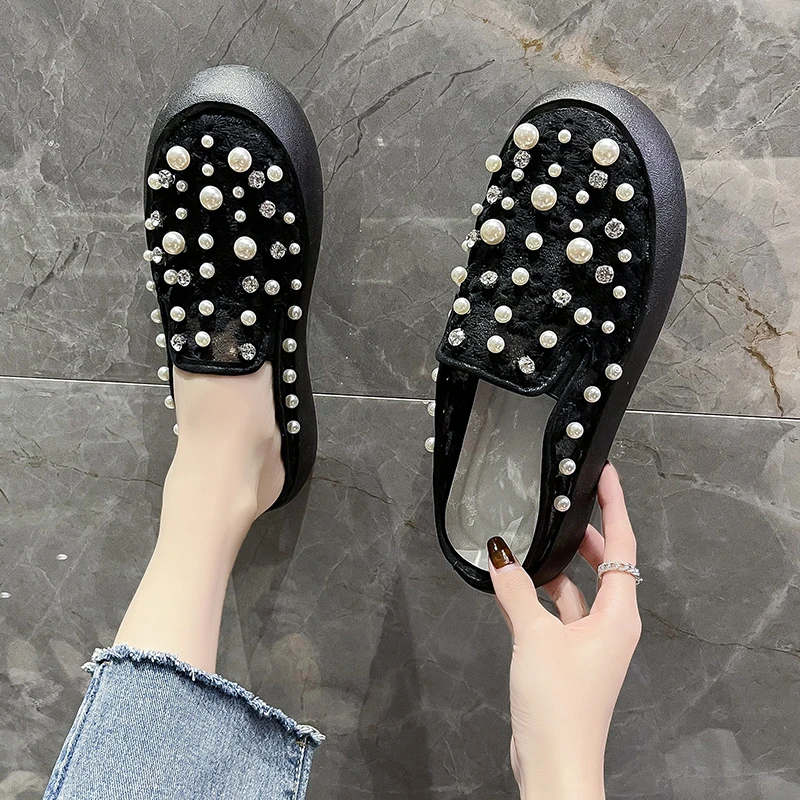 

Large 35-40 Elegant And Exquisite Rhinestone Pearl Baotou Half Slippers Summer Fashion New Mesh Sandals Hot Sale.
