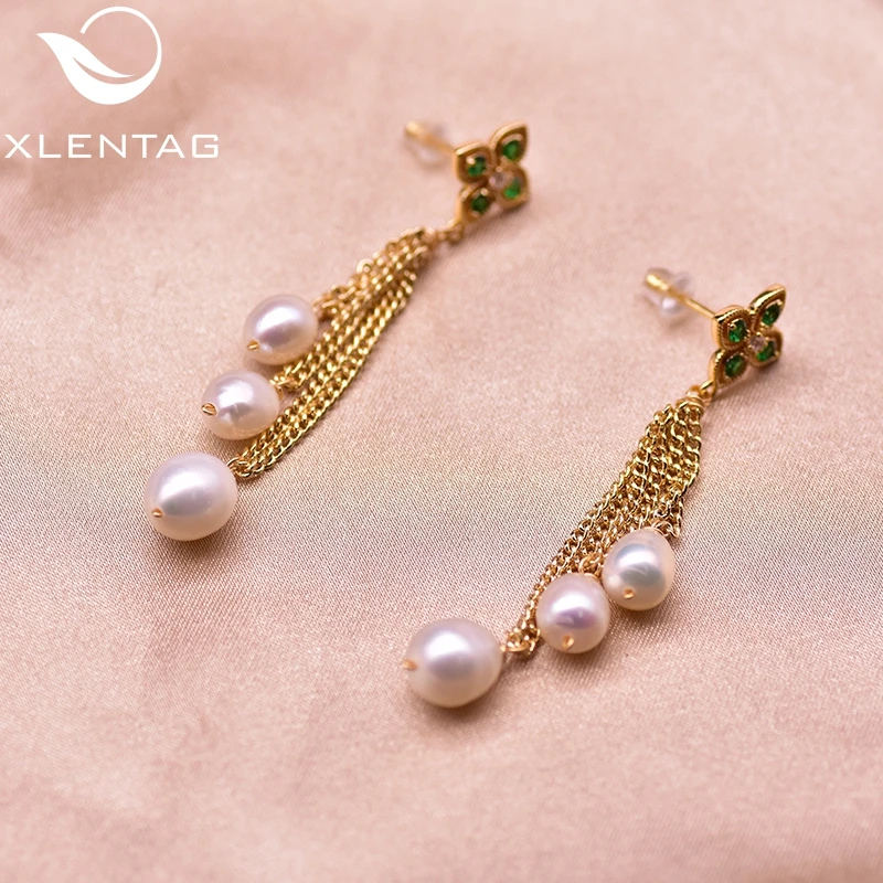 XlentAg Natural Pearl Tassel Pendant Dangle Earrings Green Zircon Women Party Gift Earing Stud Peasonalized Jewelry GE0932 | Украшения и