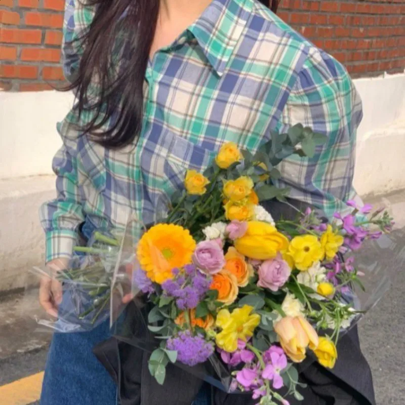 

Vintage Plaid Hit Color Blouse Women Turn Down Collar Long Sleeve Single Breast Blusas Spring 2021 New Causal Shirt Femme