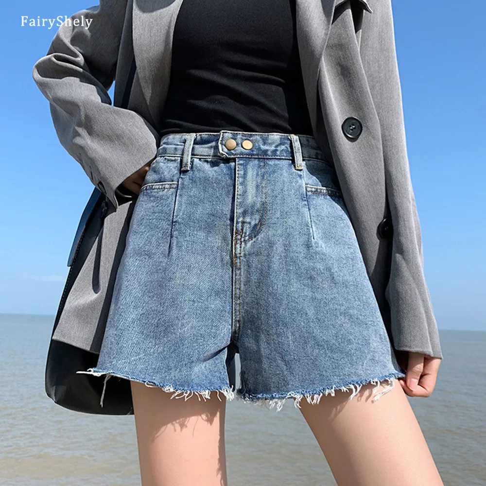 

FairyShely 2021 Spring Summer High Waist Pocket Denim shorts Women Korean Fashion Office Plus Size Wide Leg Shorts Female