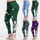 Женские леггинсы с высокой талией имитация джинсов, зимние леггинсы для девочек, штаны со снежинками и рождественским принтом, женские Стрейчевые брюки с карманами для фитнеса