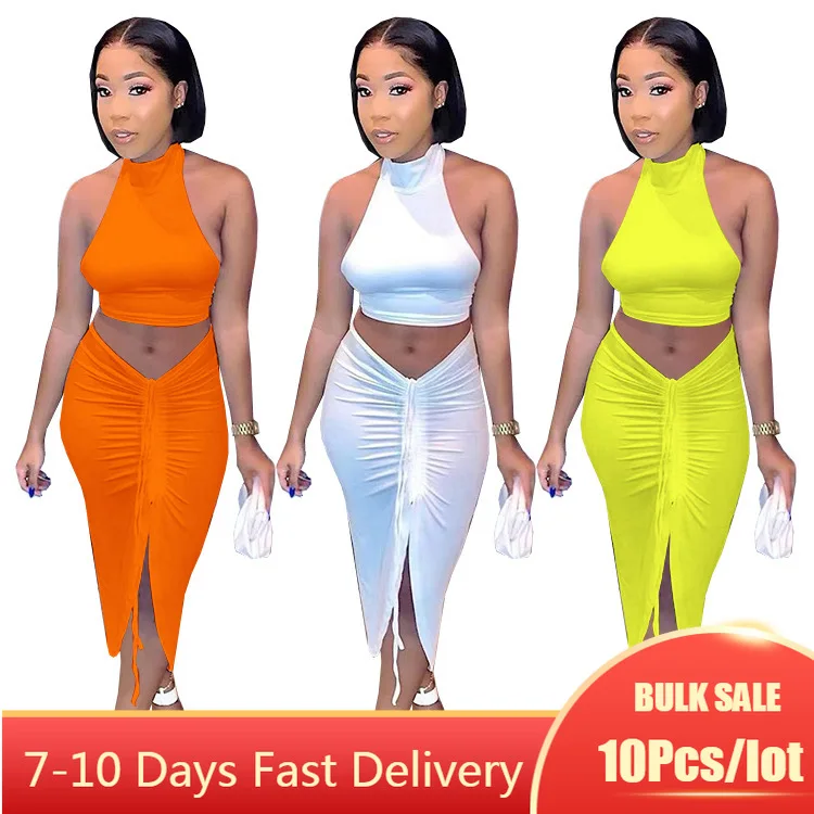 

Bulk Items Wholesale Lots Two Piece Skirt Set Women Halter Sleeveless Tops Drawstring Ruched Dress Summer Party Club Outfits