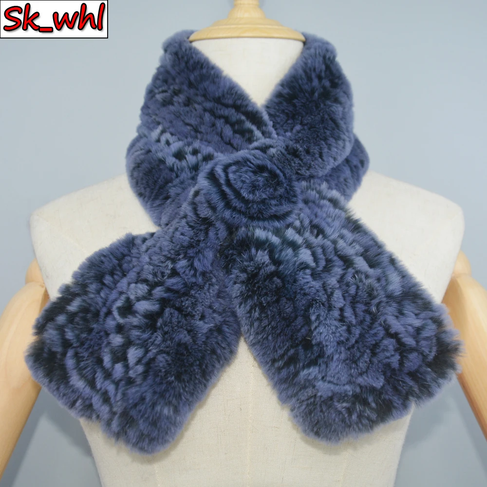 

New Russian Women Knit Real Rex Rabbit Fur Scarf Lady Fashion Floral Rex Rabbit Fur Mufflers Hot Winter Warm Natural Fur Scarves