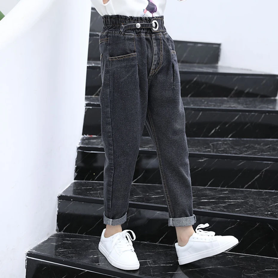 Джинсы для девочек однотонные джинсы с высокой талией модные пряжкой на поясе