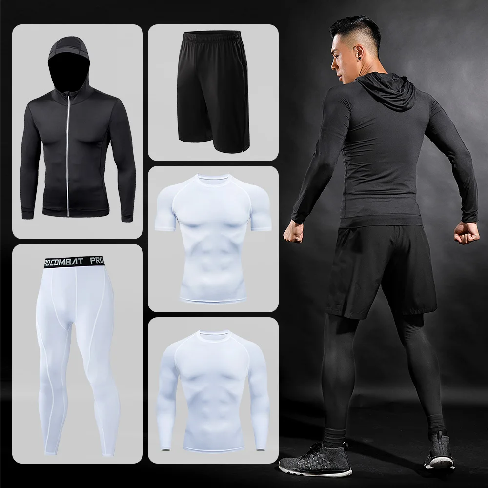 5pcs/Set Quick Dry Sports Suit Fitness Training Compression Men Suit Running Jogging Sportswear Polyester Workout Gym Clothing  - buy with discount