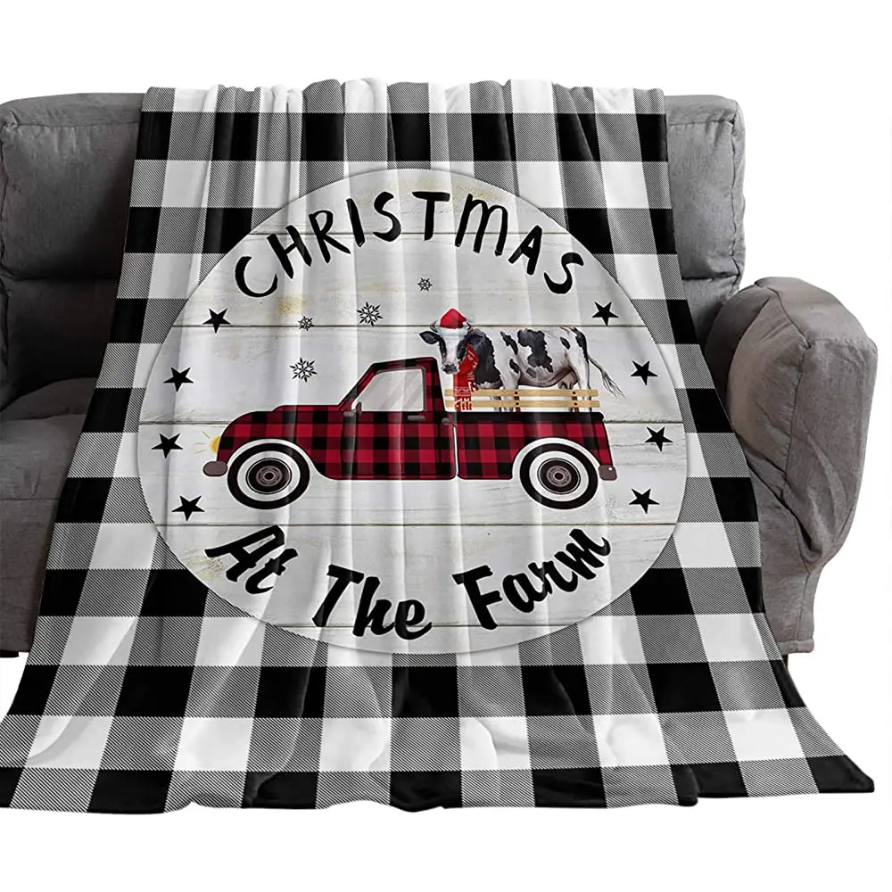 

Christmas Blanket Flannel Fleece Plush Warm Blankets for Winter Home Sofa Red Truck Christmas Tree Snowflake on Wooden Plank