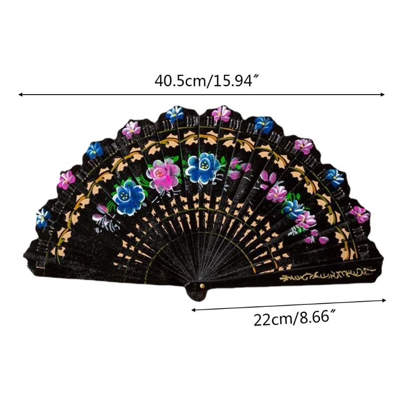

8 Inch Spanish Colorful Floral Print Folding Handheld Fan Vintage Retro Hollow Out Wooden Dancing Hand Fan for Women Party M6CE