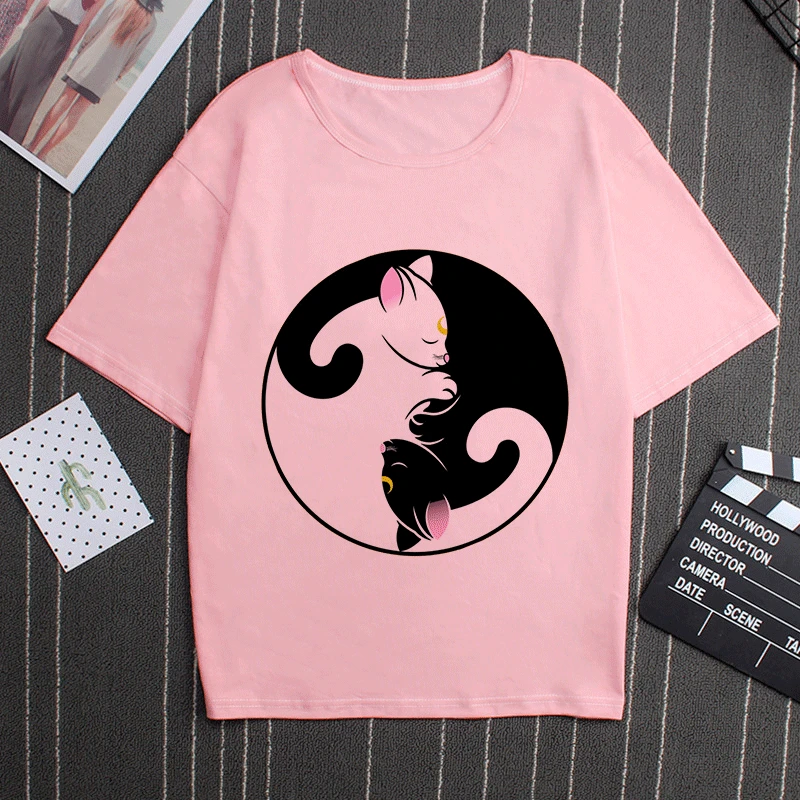 2862 Sailor Moon 90s Funny Pink T Shirt Harajuku Clothes Tshirt Aesthetic Cat Anime Vogue T-shirt Kawaii Graphic Tees Ullzang Women - Цвет: 2862