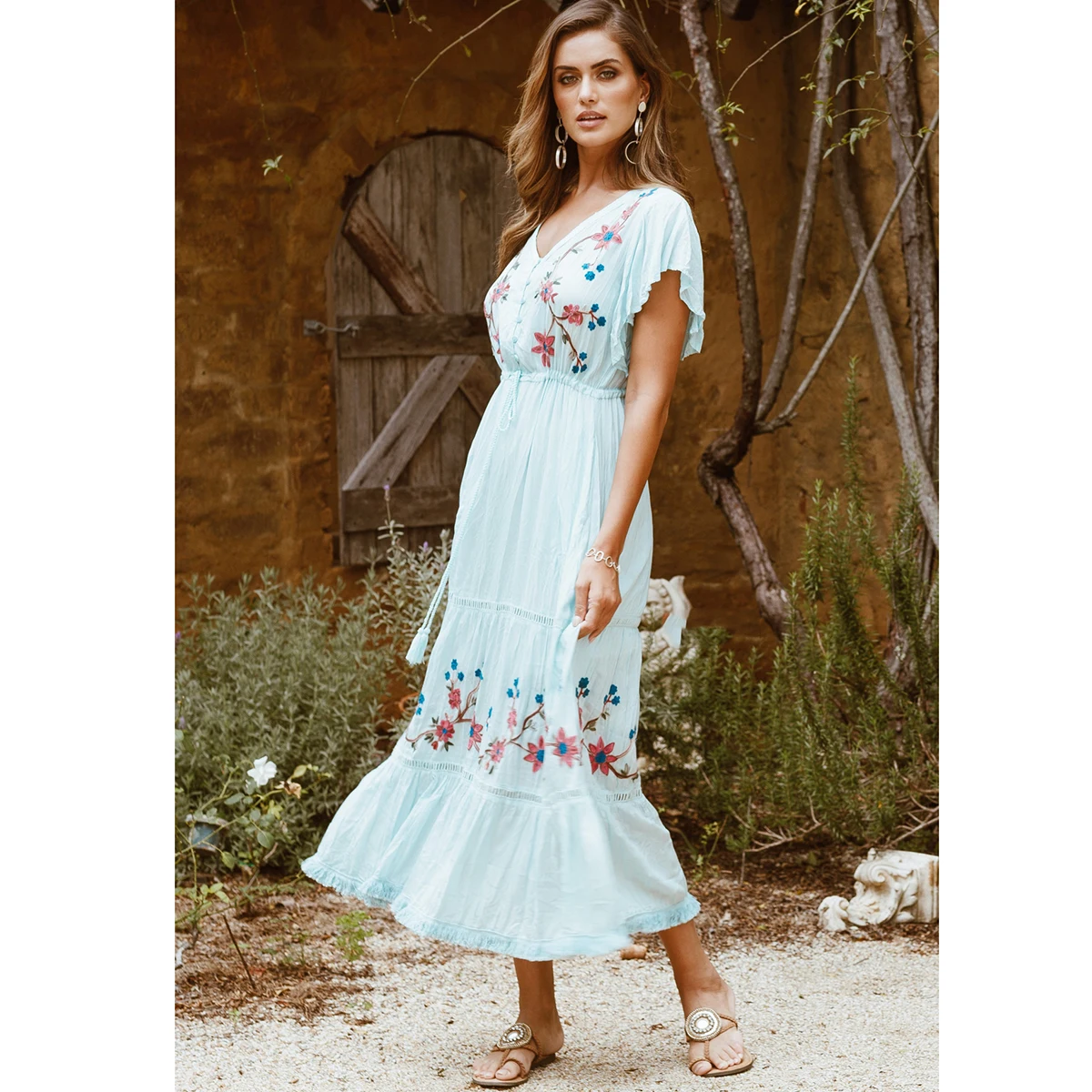 Женское платье макси с цветочной вышивкой и V образным вырезом|Женские платья| |