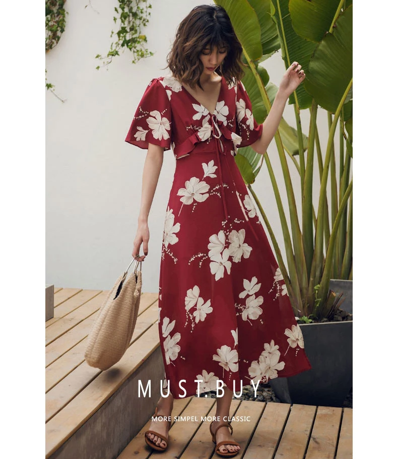 Женское пляжное платье красное с коротким рукавом и цветочным принтом|Женские