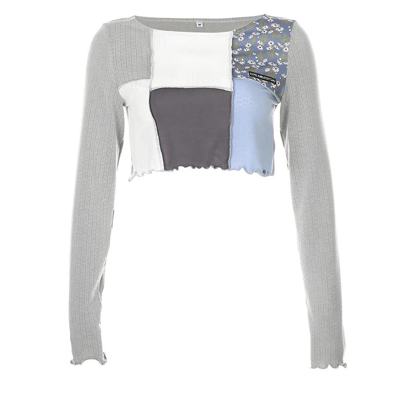 

Patchwork T Shirt Women Autumn Long Sleeve Crop Top Floral Print Streetwear Knitted Cute Tee Shirt Femme Blocked Korean Shirt