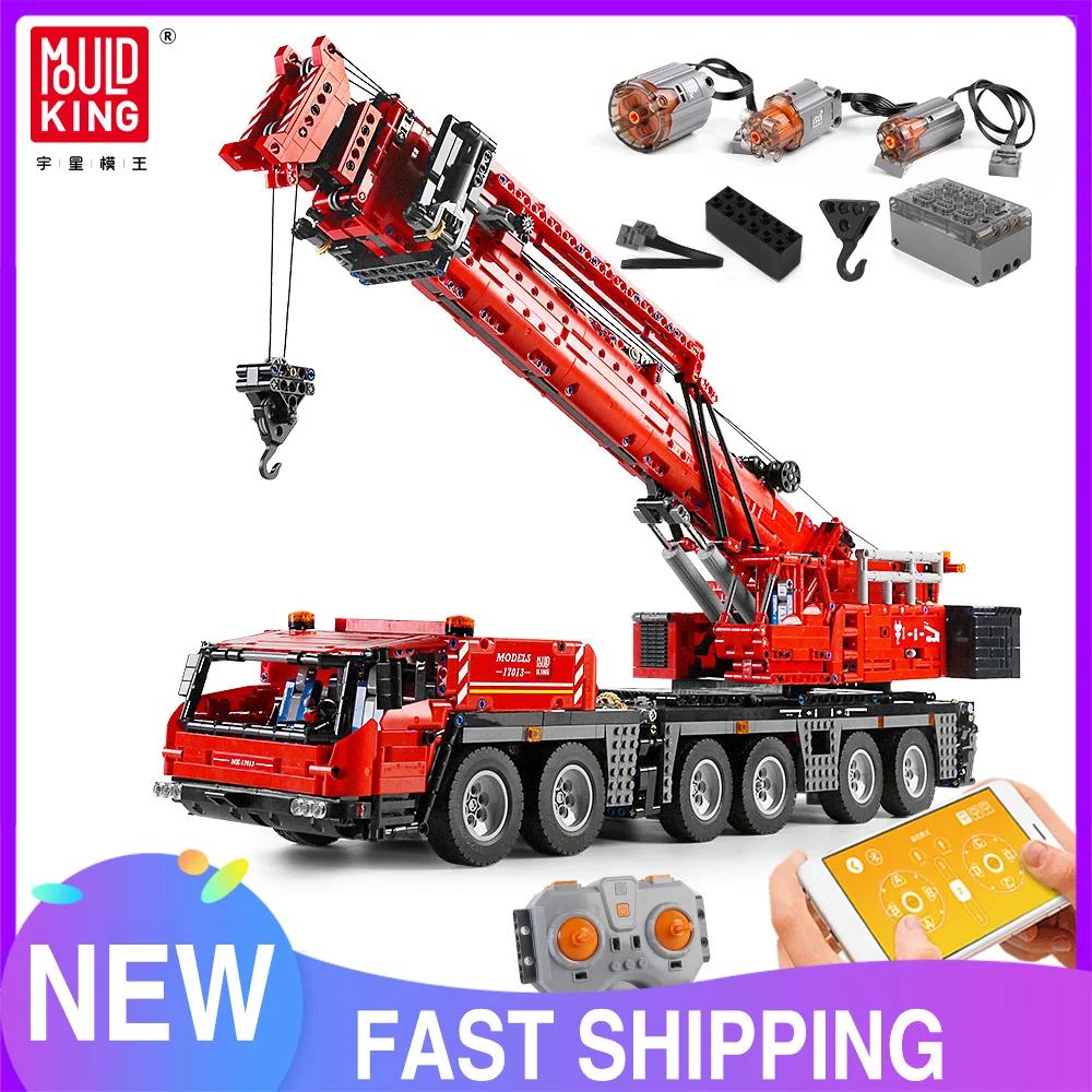 

Моторизованный мобильный кран Mould King 17013 с дистанционным управлением, модель грузовика GMK, строительные блоки в сборе, кирпичные игрушки, под...