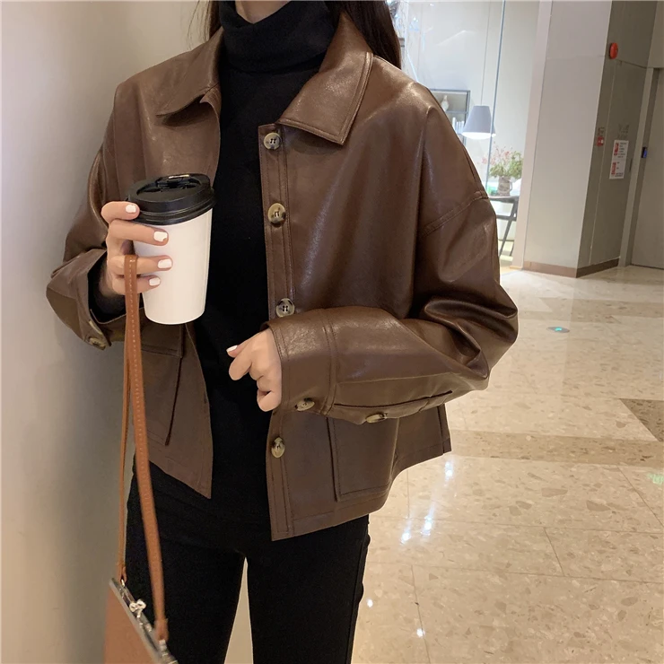 

2020 New Loose Pu Faux Leather Jacket Women Classic Jackets Spring Autumn Lady Fashion Sblack Coat One Size Outerwear