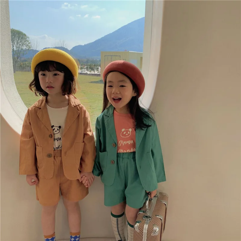 

Spring Unisex Kids Clothing Set Solid Color Long Sleeve Coat and Shorts Suit 2Pcs Children Cotton Outfit