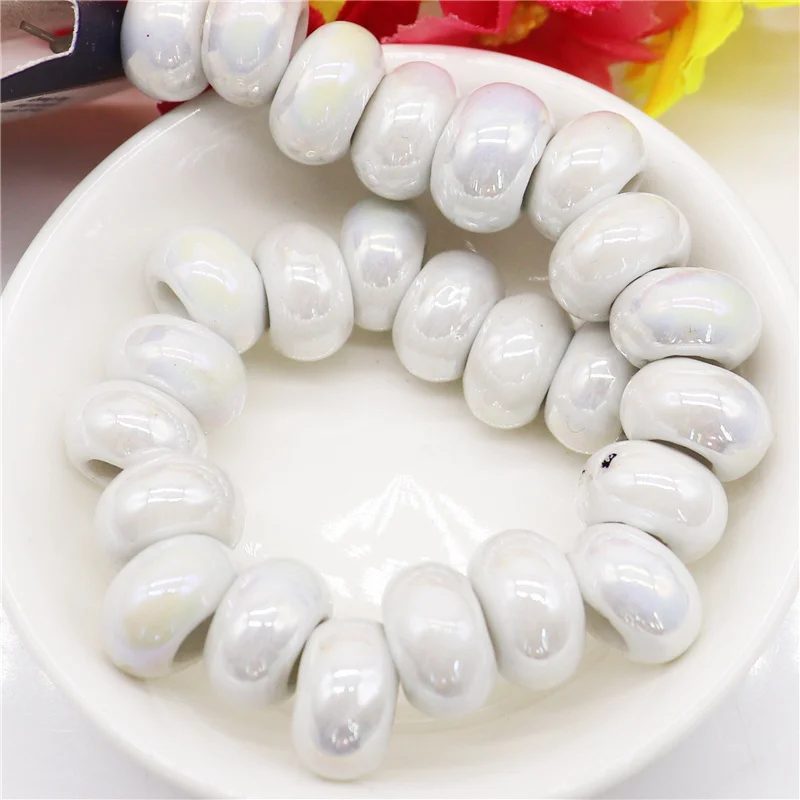 

10Pcs Lot White Ceramic Large Hole Beads with Plating Color Porcelain Big Hole Rondelle Spacer Beads Fit Pandora Charms Bracelet