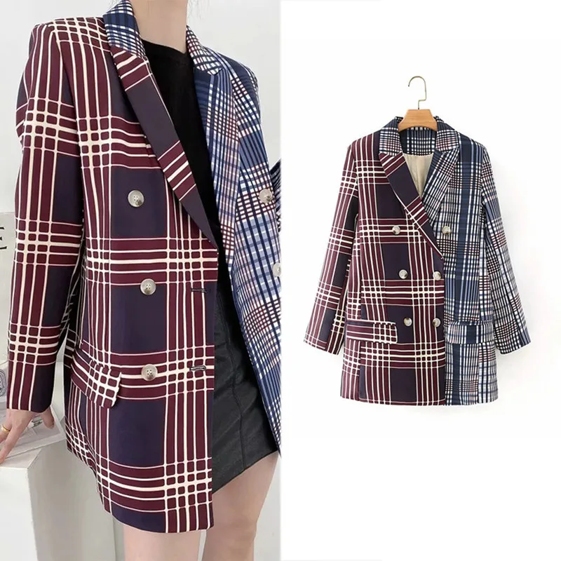 

Autumn Stitching Check Gingham Plaid Blazer Boyfriend friend style Women Contrast color Suit Coat Fashion Femme