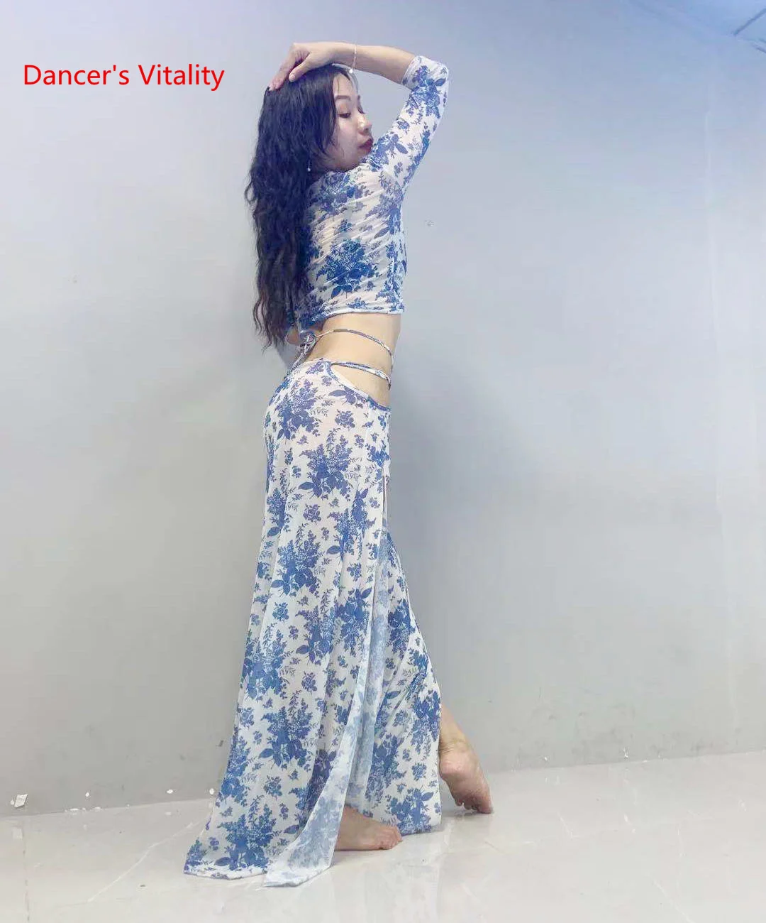 Belly dance suit Fashion  print flowers belly dacning suit top and split skirt 2pcs Oriental Dance set Exotic dance wear