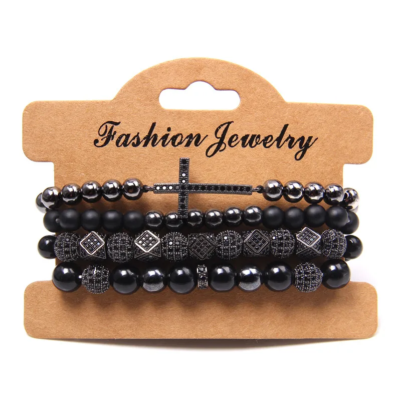 

4pcs/set Men Bracelet High Quality Micro Pave CZ Beads Bracelet Natural Hematite Stone Beads Charm Energy Bracelet Jewelry Male