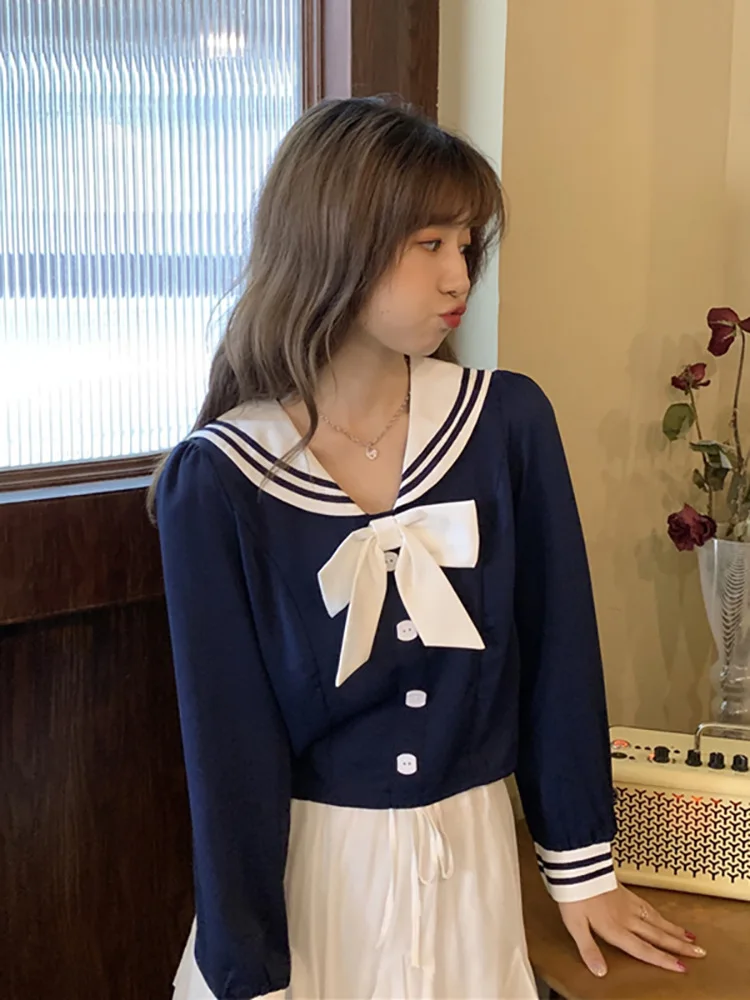 

Autumn 2020 new college style Navy collar foreign style young age bow slim fit Long Sleeve Shirt Top Women