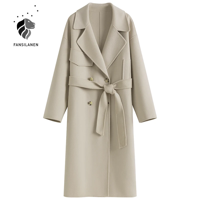 

FANSILANEN Double breasted 100% wool coat Women elegant cashmere long winter coat Female oversized vitnage blend jacket overcoat