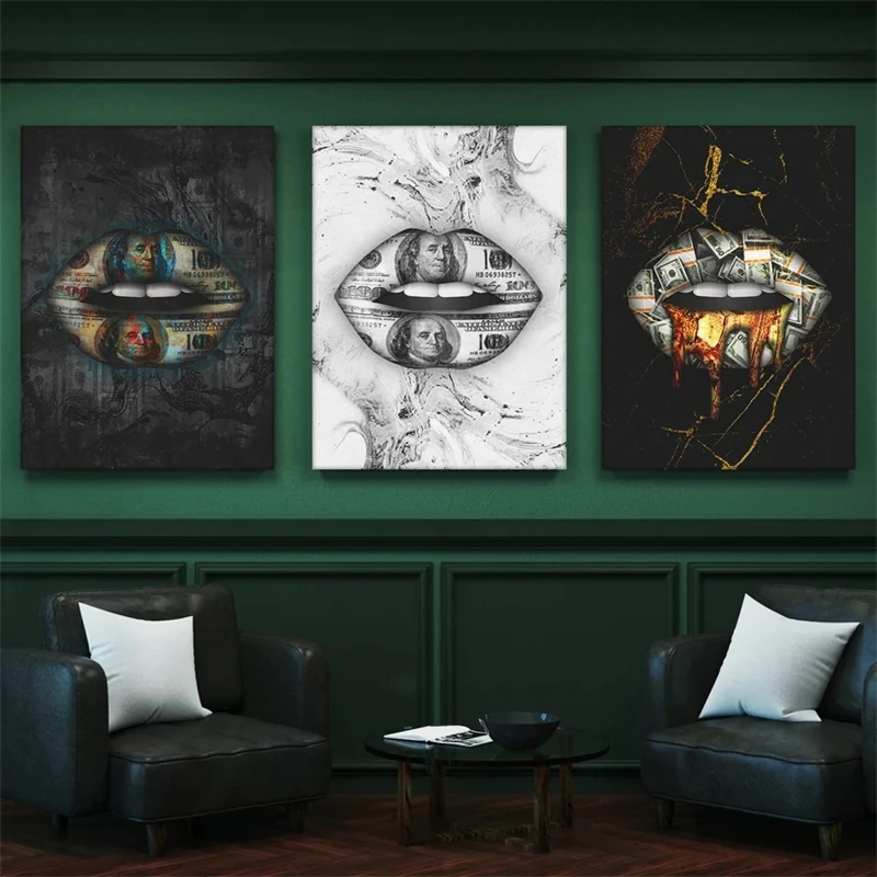 

Modern Encouraging Poster Abstract Money Print on Lips Wall Art Paintings Pictures for Home Living Room Decoration Frameless