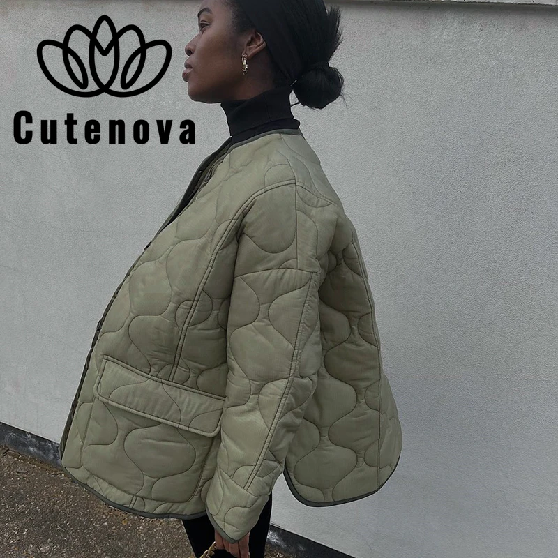 

Cutenova Casual Fashion Women's Cotton-padded Jacket Winter 2021 O-neck Long Sleeve Pockets Oversize Jacket Female Streetwears