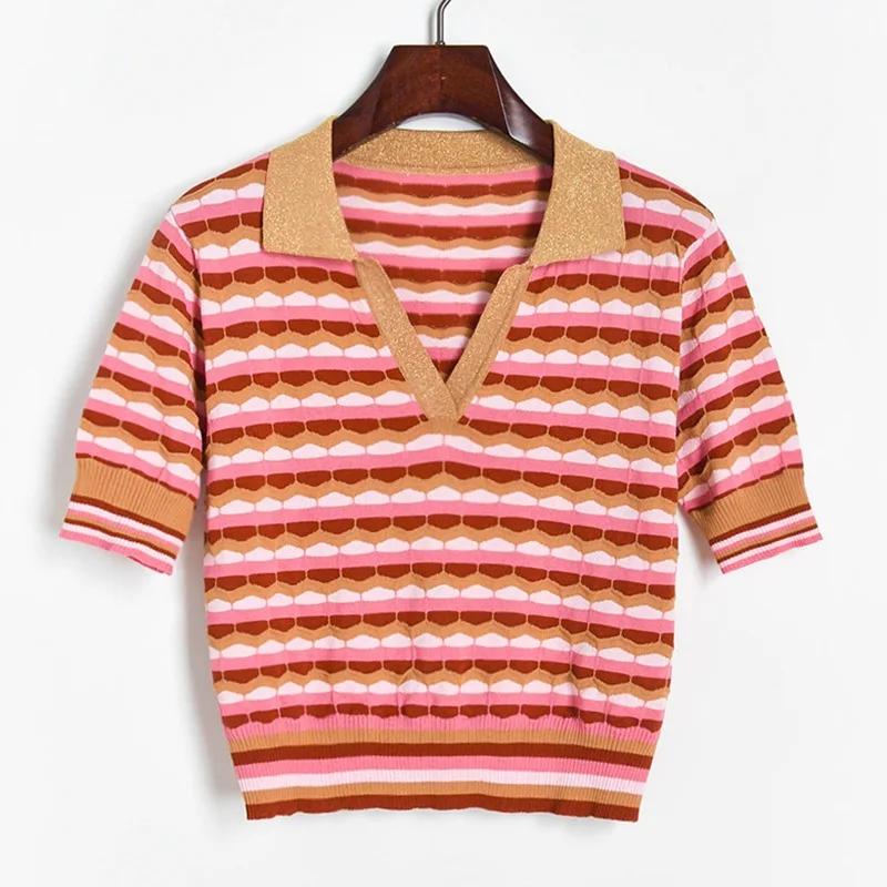 

Summer new lurex striped Design Gold Crop T-Shirt Pullovers Knitwear Short-Sleeved Turn-down collar sweater Top Clothes JC391