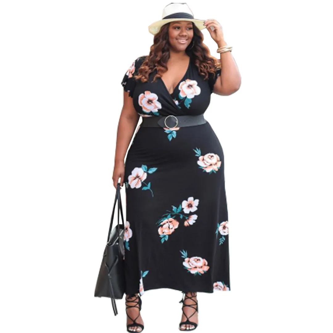 

2021 summer new European and American V-neck large size printed long skirt