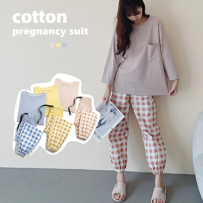 Pijamas de maternidad para mujeres embarazadas, ropa de dormir suelta de Color s&oacute;lido, Top + Pantalones a cuadros, conjunto de 2 piezas para el hogar, primavera y oto&ntilde;o, 2021-1