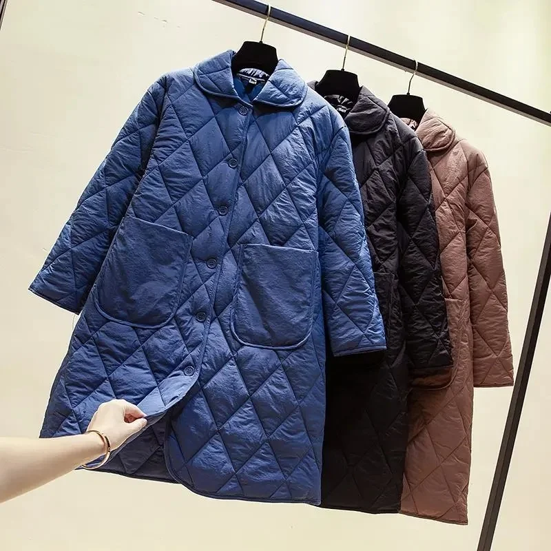 

Thick Cotton Coat Winter Femme Women's Korean Casual Long Thin Loose Parka Jacket Shirt Big Pocket Blue Outerwear Female