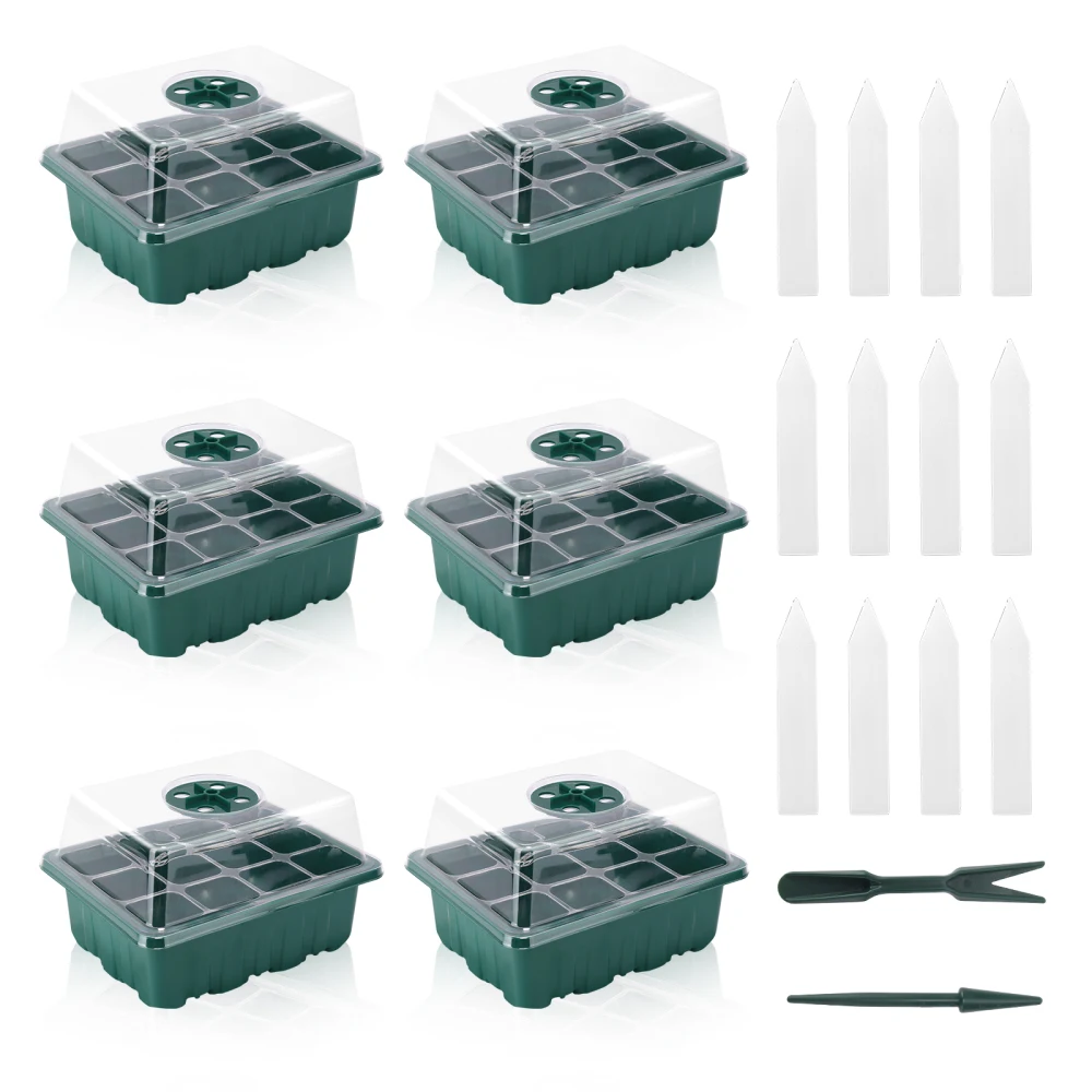 

6Pcs Seedling Trays Seed Starter Kit 12 Cells Nursery Pot Plants Growth Tray Greenhouse Plant Labels Garden Tools With Dome Base