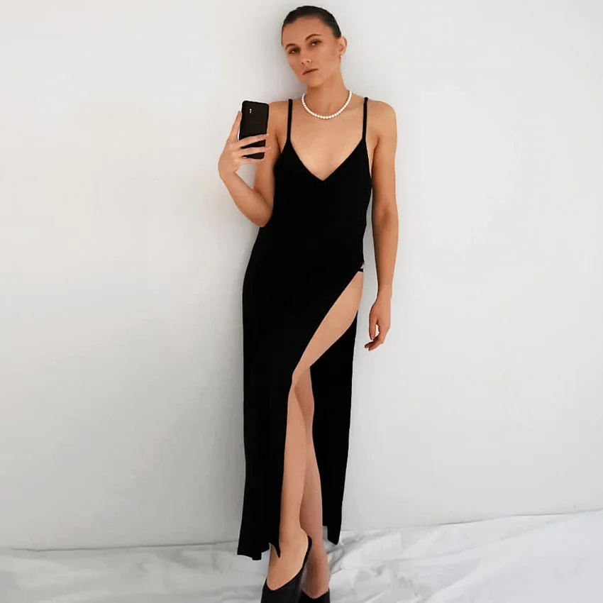 

2021 summer new slit V-neck sling backless sexy dress long skirt sleeveless fashion women's black