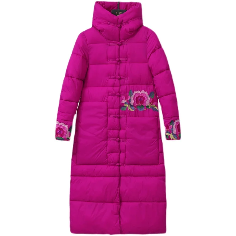 

Chic Parka Jacket Women's Winter Floral Embroidery Boho Coats Snow Wear Hooded Jacket Female Vintage Long Coat Parkas