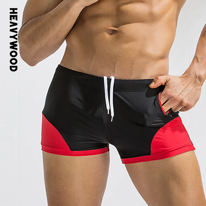 Heavywood Summer Fashion Men's Swimming Trunks Color Contrast Side Pocket Zipper Swimwear Drawstring Elastic Waist Beach Shorts