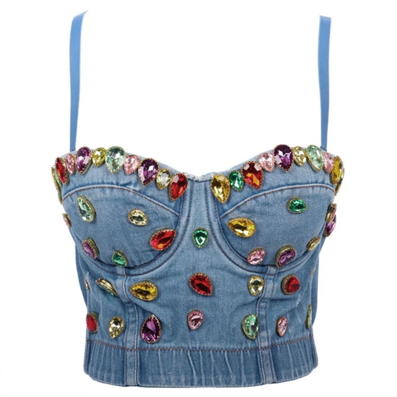 

Womens Colorful Diamond Denim Bustier Bra Tops Luxurious Jewelry Jean Corset Camisole Spaghetti Strap Night Club Party Bralette