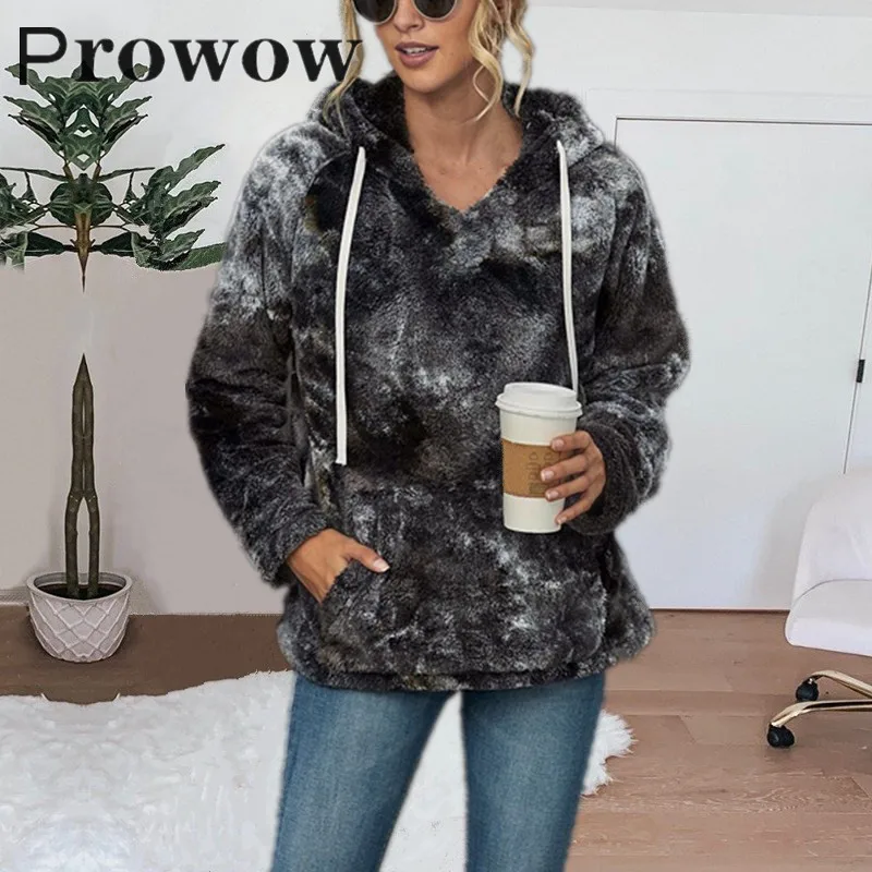 

Prowow Autumn Winter Women Fashion Tie Dye Plush Warm Hooded sweatshirt Female Casual Streetwear Long Sleeve Pullovers Top S-3XL
