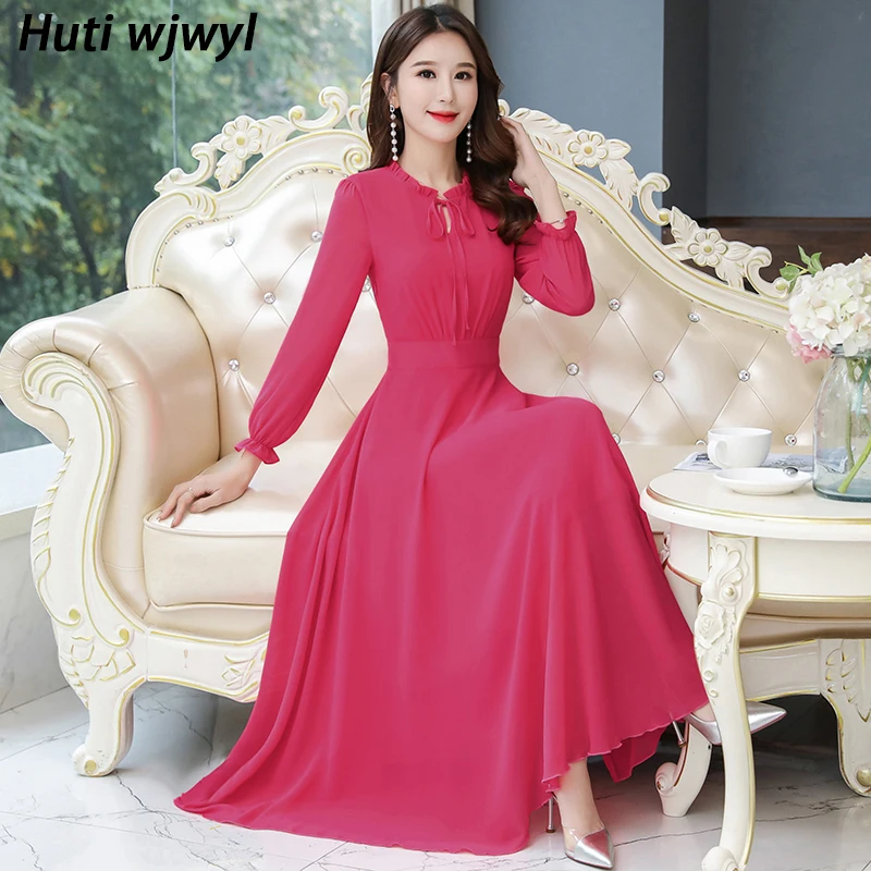 

2023 Vintage Chiffon White Casual Maxi Dress Autumn Winter Long Sleeve Black Dress Elegant Women Bodycon Party Evening Vestidos