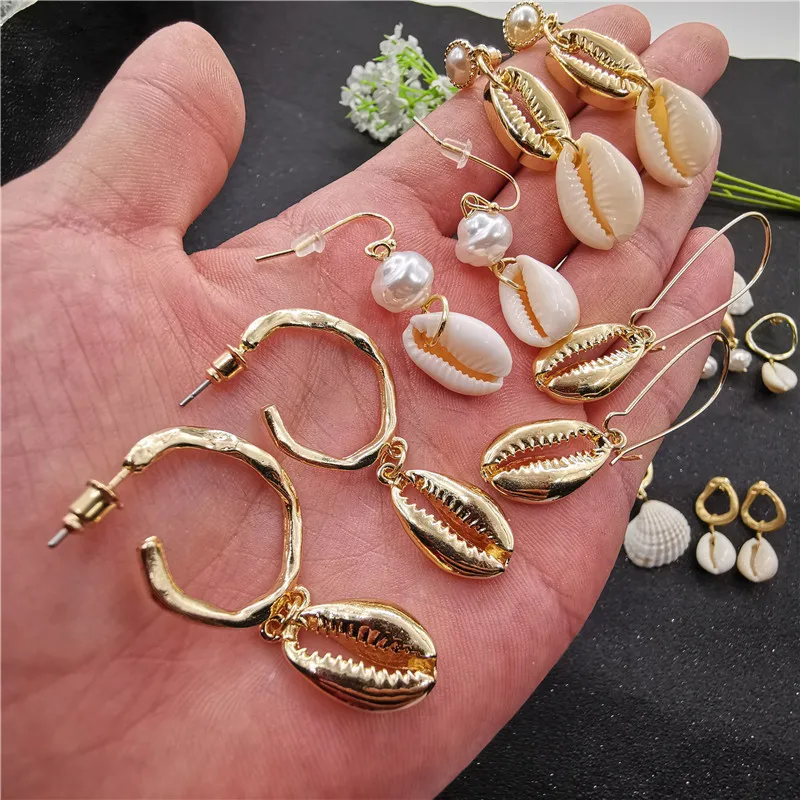 Серьги Cowrie Женские Геометрические с искусственным жемчугом эффектные золотой