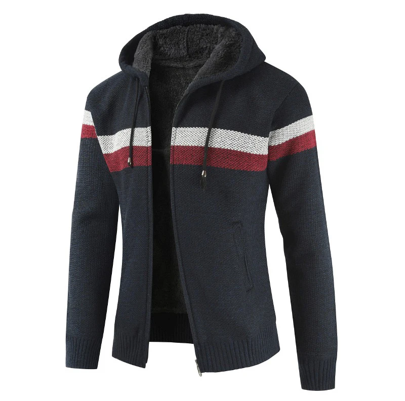 

2021 Liner Zipper Fleece Coats Men Sweater Coat Warm Hooded Cardigan Jumpers Striped Cashmere Casual Korean Men's Clothes
